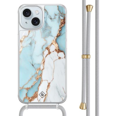 iPhone 15 hoesje met grijs koord - Marmer lichtblauw