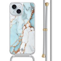 iPhone 15 hoesje met grijs koord - Marmer lichtblauw