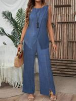 Women's Buckle Plain Daily Two-Piece Set Blue Going out Summer Top With Pants - thumbnail