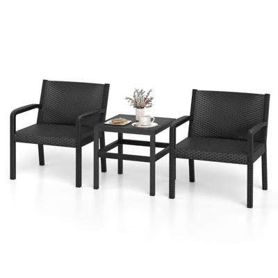 3-delig Rattan Tuinmeubel Set Weerbestendig Balkonmeubel Balkonset Inclusief 2 Stoelen met Tafel Zwart