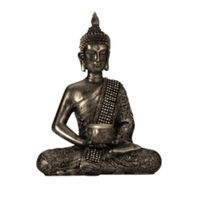 Boeddha decoratie beeldje met kaarshouder - kunststeen - zilver - 26 x 20 cm - thumbnail
