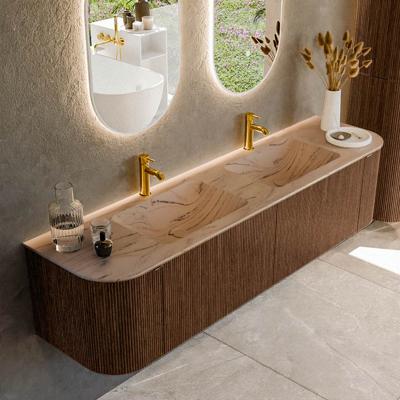Badmeubel Mondiaz Kurve-Dlux | 180 cm | Meubelkleur Walnut | Wastafelkleur Arena | Solid surface | Wasbak beide zijden spoelbak | 2 kraangaten