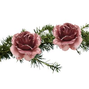 2x stuks kerstboom bloemen op clip oud roze 14 cm