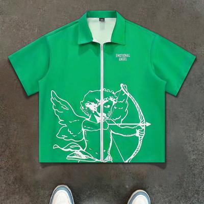 Bon&Bon Streetrush Men's Angel Graphic Zipper Shirt - Black Streetwear Mint Green / M