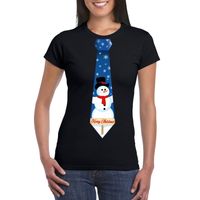 Fout kerst t-shirt zwart met sneeuwpop stropdas voor dames