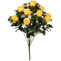 Kunstbloemen boeket rozen met bladgroen - geel - H49 cm - Bloemstuk