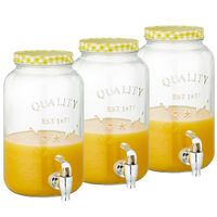 Set van 3x stuks glazen drankdispensers/limonadetap met geel/wit geblokte dop 3,5 liter - thumbnail