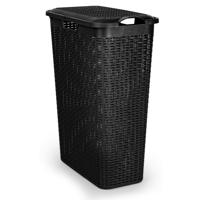 Smalle Wasmand met deksel Rotan - zwart - gevlochten kunststof - 48 liter - 27 x 46 x 60 cm