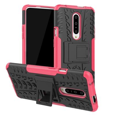 Band textuur TPU + PC schokbestendig telefoon geval voor OnePlus 7 met houder (roze)