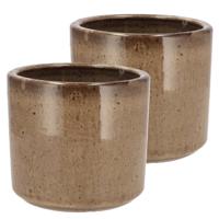 DK Design Bloempot rond model Brown Glaze - 2x - taupe - D12 x H13 cm - glanzend