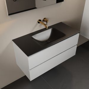 MONDIAZ AIVY 100cm badmeubel Talc, wastafel Urban solid surface midden zonder kraangat met spiegel (AI-351321URBAN-NO - AI-M100TAMI - AI-S100X70)