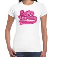 Verkleed T-shirt dames - spijt is voor later - wit/roze - themafeest fout/goud/stout Verkleed T-shirt dames - spijt is voor later - wit/roze - themafeest fout/goud/stout