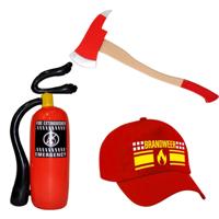 Brandweerman verkleed set - 3 delig - voor volwassenen - cap/petje - bijl - brandblusser