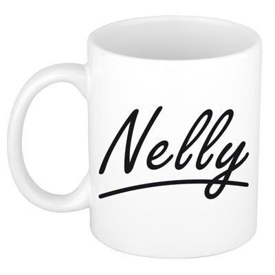 Nelly Naam koffiemok - beker - met sierlijke letters - wit - 300 ml - Cadeau - Dames