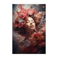 Glasschilderij - Vrouw Met Bloemen - 120 x 80 cm