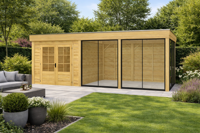 Blokhut Hulst 300x300 cm + overkapping 500x300 cm Douglas blank met vuren rabat wanden zwart (Incl. EPDM)- - - Van Kooten