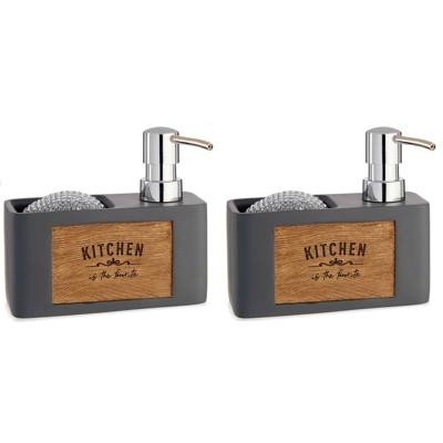 Arte R Zeeppompje/dispenser - 2x - met houder - kunststof hout - grijs - 15 x 13 cm - navulbaar