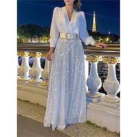 dames jumpsuit sprankelende pailletten effen kleur v-hals elegant bruiloftsfeest normale pasvorm lange mouw zwart wit s ml herfst Lightinthebox - thumbnail