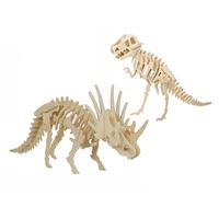 Houten 3D dino puzzel bouwpakket set T-rex en styracosaurus