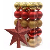 Kerstballen 30x stuks 6 cm rood-goud met ster piek rood kunststof - thumbnail