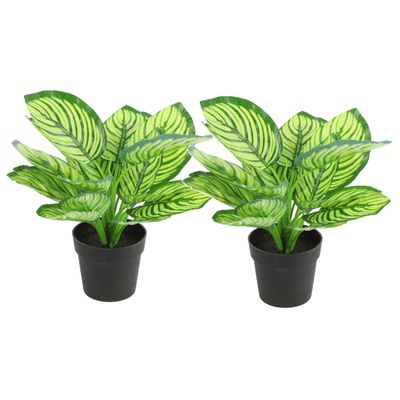 Kunstplant Calathea in bloempot - 2x - Groen - 15 x 28 cm