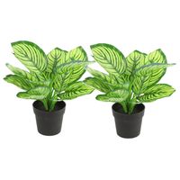 Kunstplant Calathea in bloempot - 2x - Groen - 15 x 28 cm