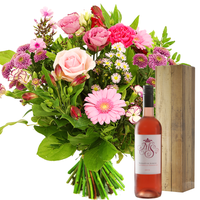 Boeket roze bloemen + fles Spaanse rosé wijn - thumbnail