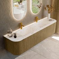 Badmeubel Mondiaz Kurve-Dlux | 180 cm cm | Meubelkleur Dusk | Wastafelkleur Frappe | Solid surface | Wasbak beiden zijden spoelbak | 2 kraangaten Badmeubel Mondiaz Kurve-Dlux | 180 cm cm | Meubelkleur Dusk | Wastafelkleur Frappe | Solid surface | Wasbak beiden zijden spoelbak | 2 kraangaten