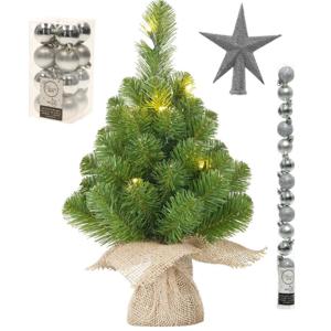 Kunst kerstboom - H60 cm - met verlichting en versiering - zilver 31-delig