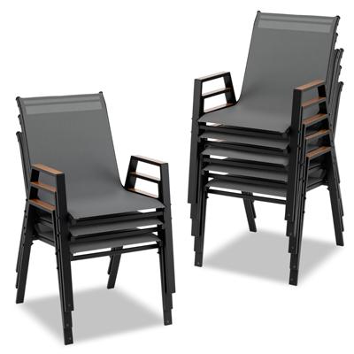 Tuinstoelen Set van 8 Stapelbare Stoelen met Hoge Rugleuning van Ademend Teslin-weefsel met Houten Armleuningen en Stabiel Metalen Onderstel