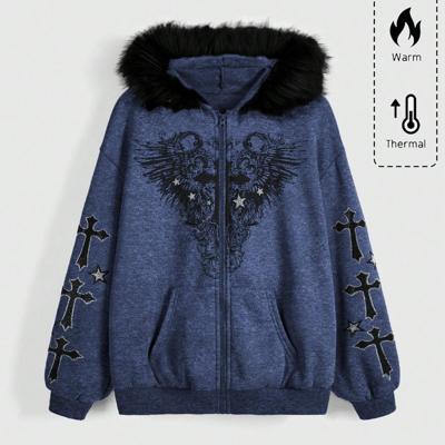 Bon&Bon Fairycore Oversized Zip Up Fuzzy Hoodie - Cross & Wing Print Blue / S
