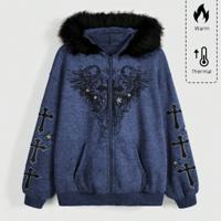 Bon&Bon Fairycore Oversized Zip Up Fuzzy Hoodie - Cross & Wing Print Blue / S