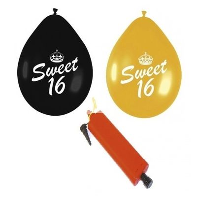 24x Sweet 16 ballonnenpakket zwart en goud inclusief pomp 24x Sweet 16 ballonnenpakket zwart en goud inclusief pomp