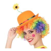 Clown verkleed set gekleurde pruik met bolhoed oranje met bloem - thumbnail