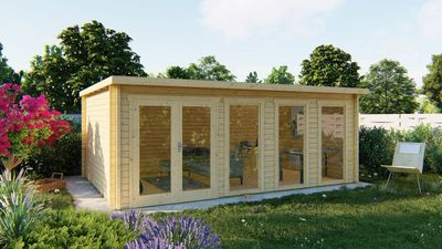 Tuindeco Gabriella Blokhut 595x400 cm 58 mm vuren blank- Plat dak- Onbehandeld vurenhout- Tuindeco