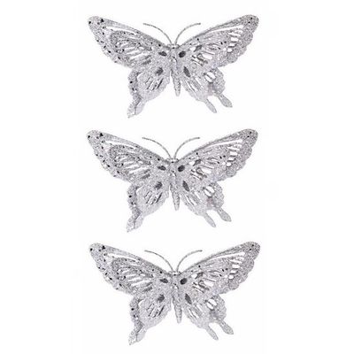 3x Kerst decoratie vlinder zilver 15 x 11 cm