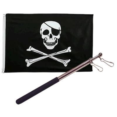 Piraten vlag - 90 x 150 cm - met compacte draagbare telescoop vlaggenstok - met schedel en botten