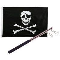 Piraten vlag - 90 x 150 cm - met compacte draagbare telescoop vlaggenstok - met schedel en botten Piraten vlag - 90 x 150 cm - met compacte draagbare telescoop vlaggenstok - met schedel en botten