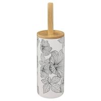 WC-/toiletborstel met houder rond wit/zwart met hibiscus bloemen patroon zandsteen/bamboe 38 cm - Toiletborstels - thumbnail
