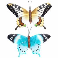 Set van 2x stuks tuindecoratie muur/wand vlinders van metaal in blauw en geel tinten 48 x 30 cm - Tuinbeelden - thumbnail