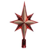 Kunststof glitter ster piek/kerstboom topper rood 25,5 cm