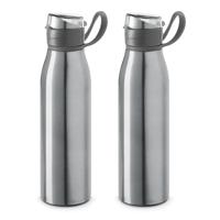 Aluminium waterfles/drinkflesmet klepdop en handvat - 2x - zilver - 650 ml - Sportfles - Bidon - thumbnail