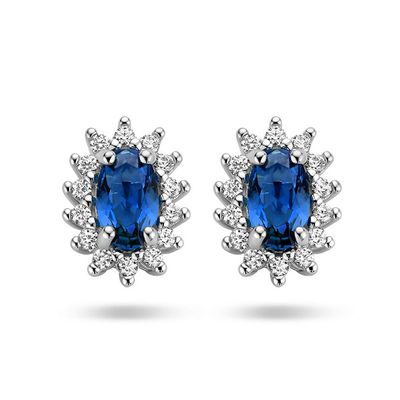 Oorknoppen Halo zilver-zirconia-synthetisch saffier wit-blauw 6,5 x 8,5 mm