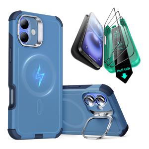 iPhone 16 Cyber Tough Case with Stash Stand Protection Bundle Light Blue