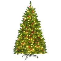 135 cm Kerstboom 516 Takken Premium PVC Spelden Scharnierende Kunstkerstboom met Dennenappels en Rode Bessen Voorverlichte Kerstboom