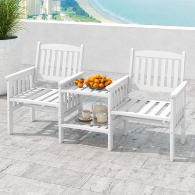Buitentuinset van Dennenhout met 2-Laags Bijzettafeltje en 5 cm Parasolgat 2-Zits Tuinstoel voor Veranda Terras en Balkon Wit