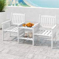 Buitentuinset van Dennenhout met 2-Laags Bijzettafeltje en 5 cm Parasolgat 2-Zits Tuinstoel voor Veranda Terras en Balkon Wit
