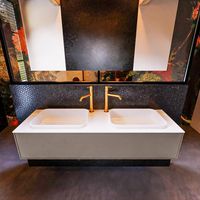 Badkamermeubelset Mondiaz Erin 150 cm met 1 Lade met RIDGE Wastafel Dubbel Talc met 2 kraangaten Greeploos Mat Smoke