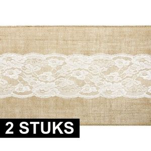 2x Kerst thema jute tafellopers 28 x 275 cm met wit kant