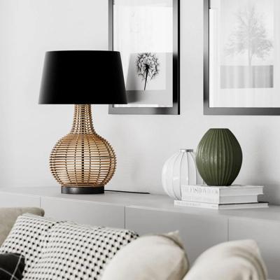 Tafellamp rotan zwart By Rydens &apos;Granada&apos; stoffen kap E27 fitting 520mm